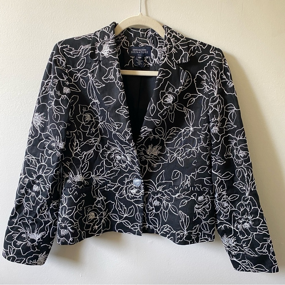 100% Linen Jones New York Black White Floral Embroidered Jacket M 10P
